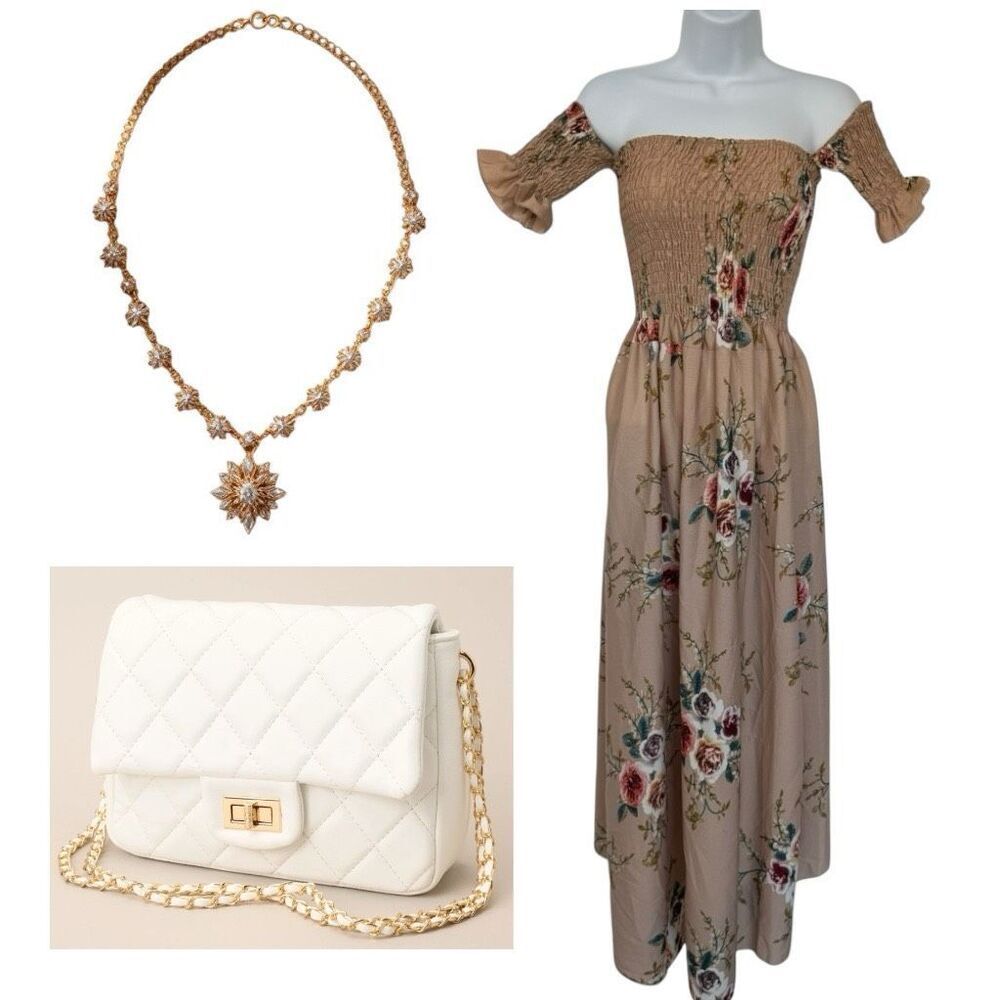 Tan Floral Off Shoulder High Low Maxi Dress Women’s Small